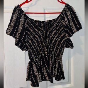 Angie Black Floral-Print Smocked Peplum Top